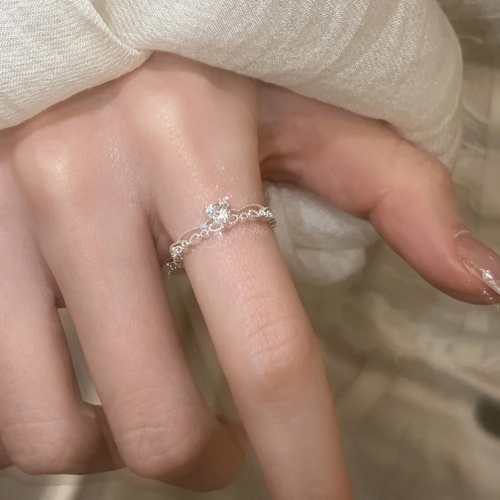 New Exquisite 925 Sterling Silver  Lace Heart Zircon Pearl Floral Bling Rings for Women Adjustable Open Ring Stackable Jewelry