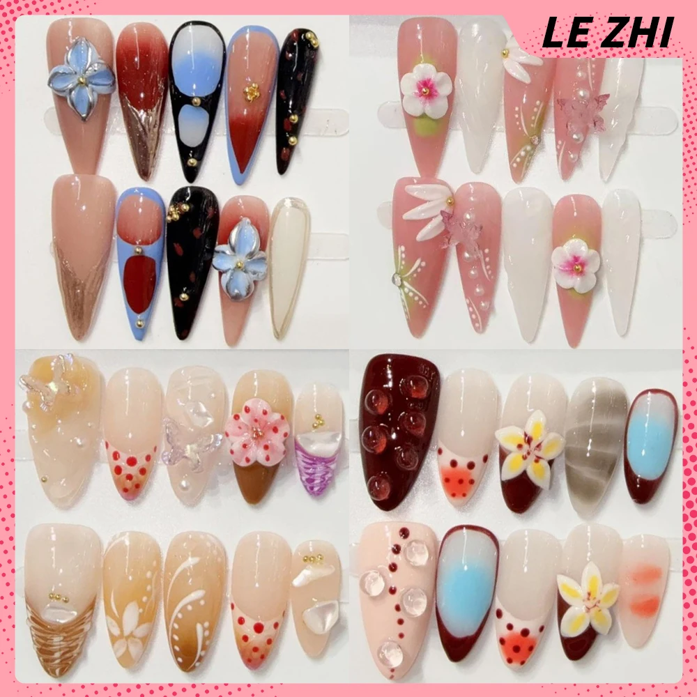 

10Pcs Spice Girl Handmade 3D Flowers Long Almond Press On Nails Pearl Water Drop Butterfly French Wearable Full Cover Nail