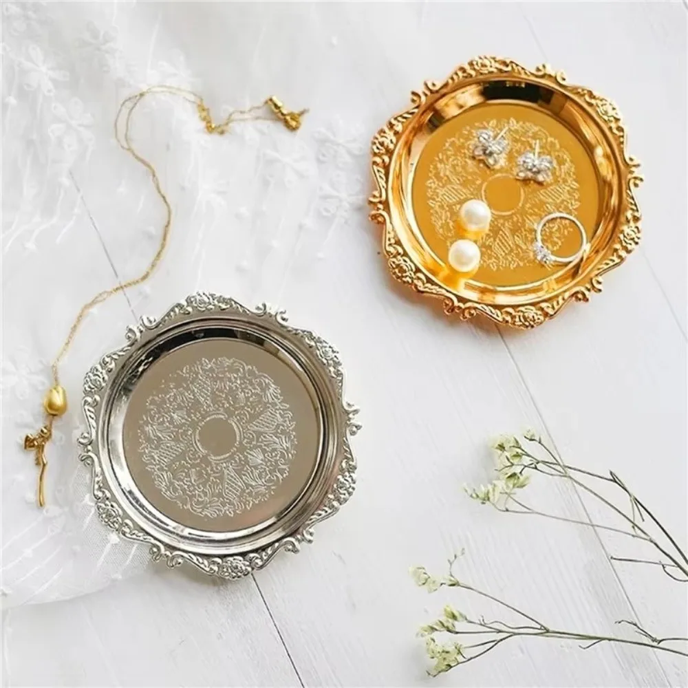 Vintage 10cm Metal Tray Iron Silver/Gold Jewelry Dish Carved Embossed Small Size Storage Plate Home Decoration