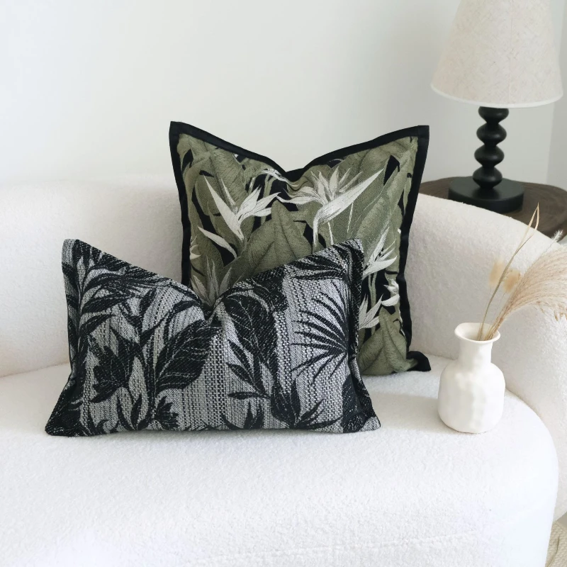 

Dark Colored Retro Jacquard Cushion Cover Modern Luxury Texture Plant Leaves Jacquard Pillow Cover Linen-cotton Decor Home