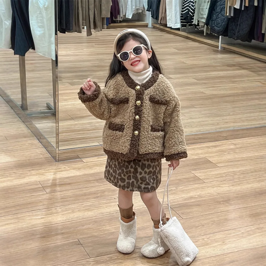 Coat and Skirt Set Autumn and Winter Thickened Warm Coffee Color Fashion Plush Coat Leopard Pattern Short Skirt Two Piece Set