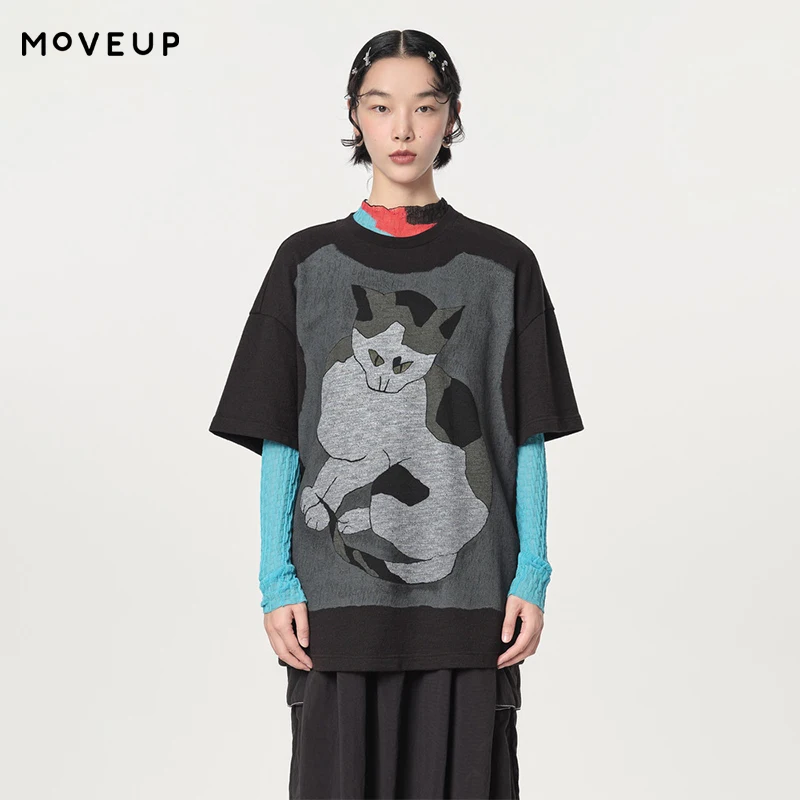 MOVEUP Short Sleeved Round Neck T-Shirt 2026 Spring New Contrast Cartoon Cat Personality Printed Loose Top For Women 124110542