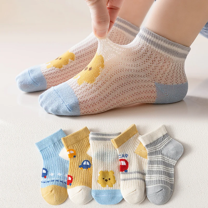 5 Pairs Kids Summer Mesh Socks Cute Car Bear Print Short Socks Breathable Cotton Anti-slip Toddler Socks for Boys