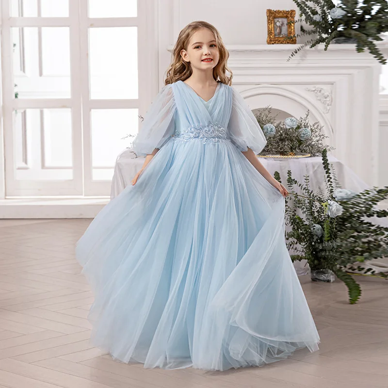 Baby Kids Princess Tulle Beading Bow Flower Girl Dress Children First Communion Dress Ball Gown Wedding Party Dress Birthday