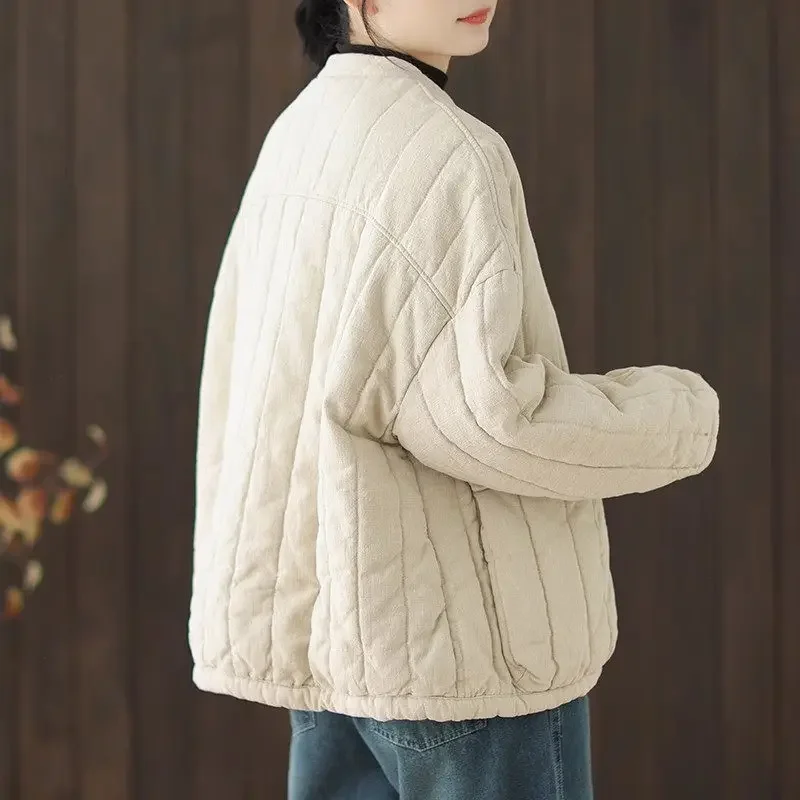 Cotton And Linen Women's Quilted Jacket 2025 New Autumn And Winter Retro Chinese Style Short Thick Casual Padded Coat Top K2675