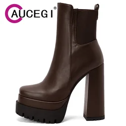 Aucegi Fashion Women Square Toe Ankle Boots Autumn Spring Platform Chunky High Heeled Plus Size 34-43 Zipper Dress Party Shoes