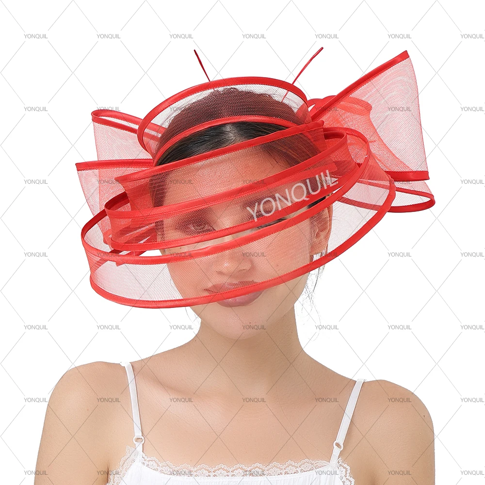 red Crinoline Fascinator Hat for Women with Hair Clips Big Party Church Wedding Bride Fashionable Headwear Hair Accessories