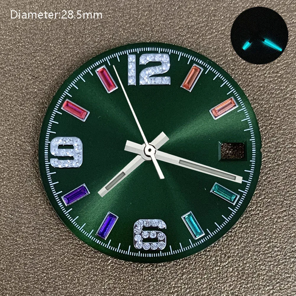 Quadrante NH35 da 28,5 mm verde blu diamante artificiale quadrante arabo Lancette arcobaleno per orologi con movimento automatico NH35 logo personalizzato