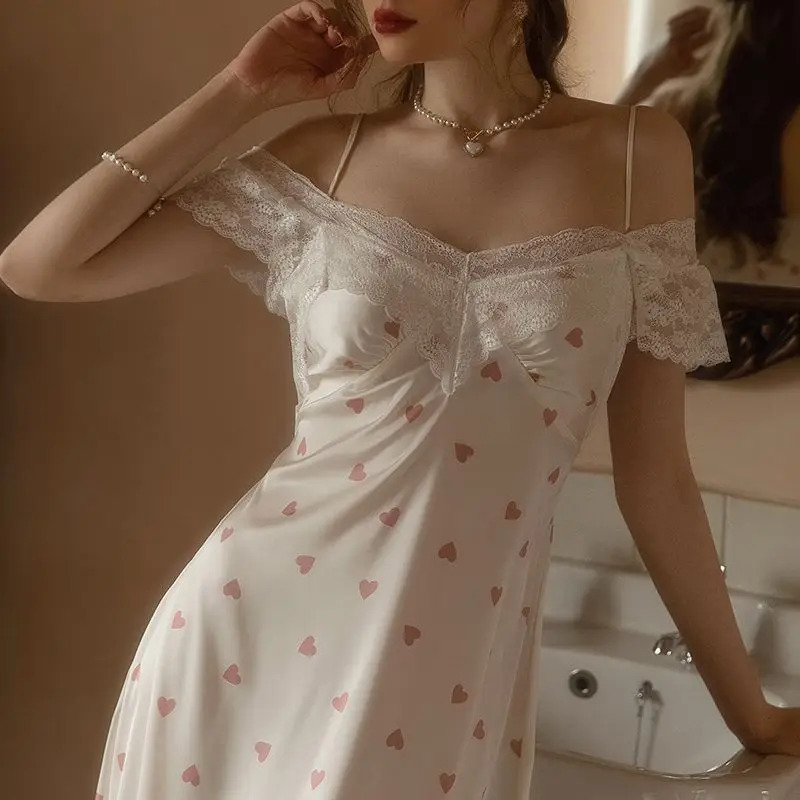 French Court Style Nightdress Sleepwear Summer Satin Print Love Nightwear Sleepshirt Sexy Off Shoulder Long Nightgown Home Wear