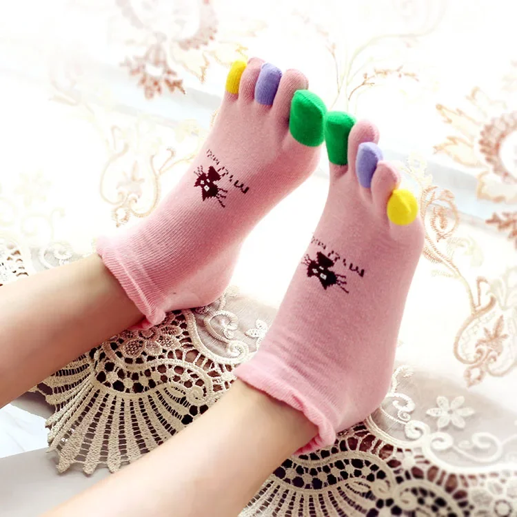 3 Pairs Five Finger Socks Female Cotton Short Tube Thin Mix Color 5 Finger Sweet  Women Toe Socks With Separate Toes Cat