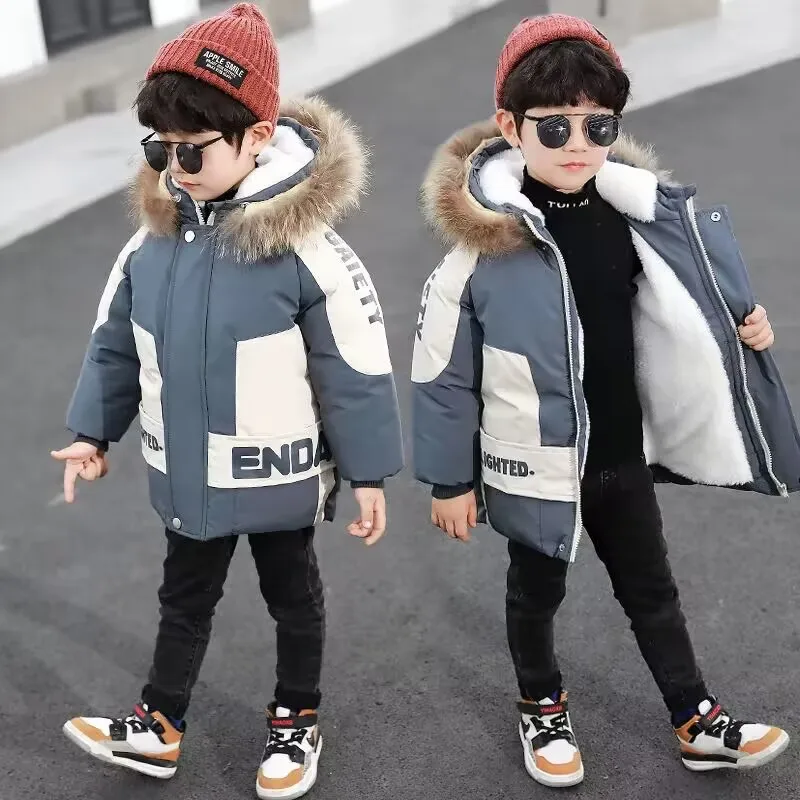 Boys Plus Velvet Jackets Winter Padded Thick Warm Cotton Clothes Kids Parka Hooded Snowsuit Coats 4-12 Years