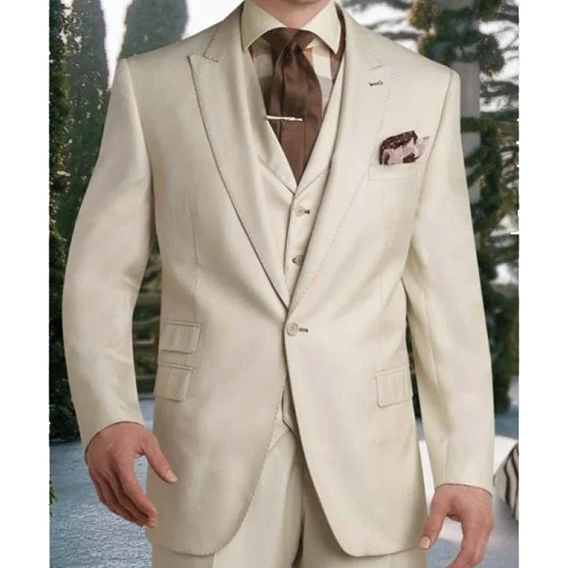 

2024 Beige Elegant Suits For Men Smart Casual Slim Fit Blazers Hombre Business High Quality Custom 3 Piece Set Costume Homme