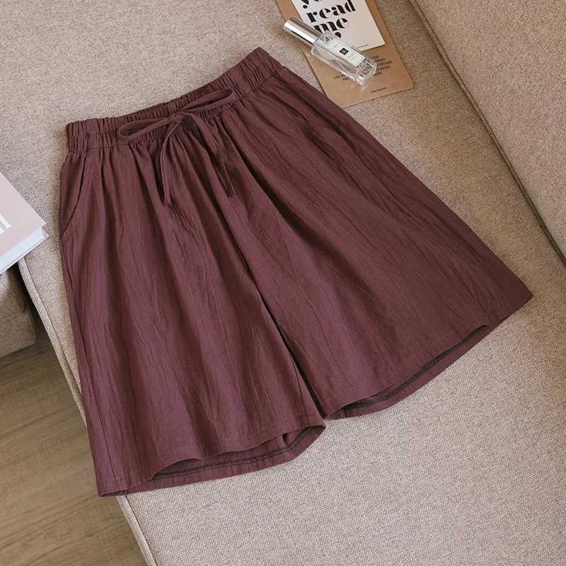 Women's Shorts High Waist Cotton Two Pocket Casual Summer Wear - Coffee