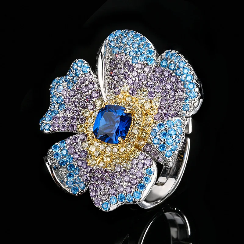 Exquisite CZ Flower Cocktail Ring Colorful Zircon Surrounded Sparkling Silver Plated High End Statement Jewelry for Women Party