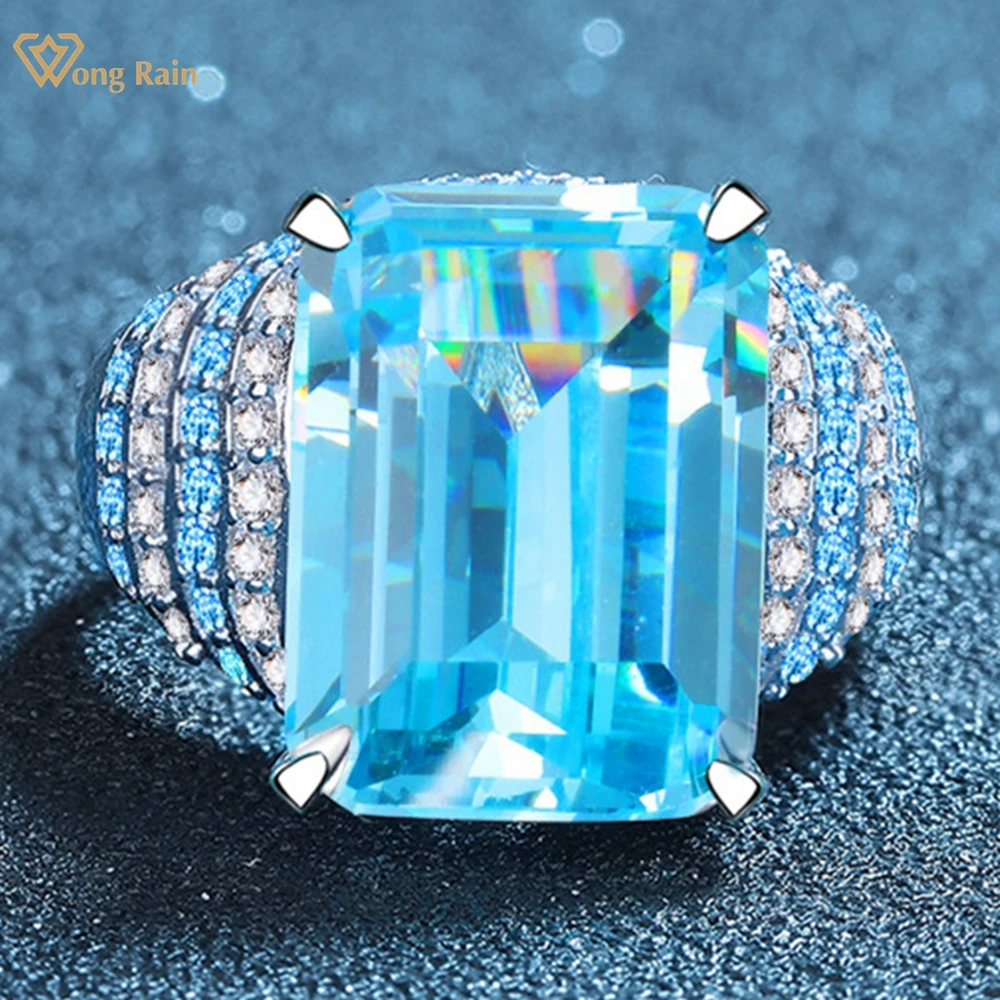 

Wong Rain 100% 925 Sterling Silver 12*16MM Emerald Cut Aquamarine High Carbon Diamond Wedding Engagement Adjustable Ring Jewelry