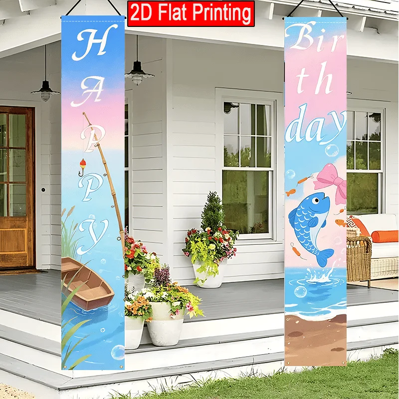 2Pcs Happy Birthday Polyester Door Couplets, 12x70.8 Inches Porch Banners, Fishing Theme Design, Hanging Decor for Fishing Trips