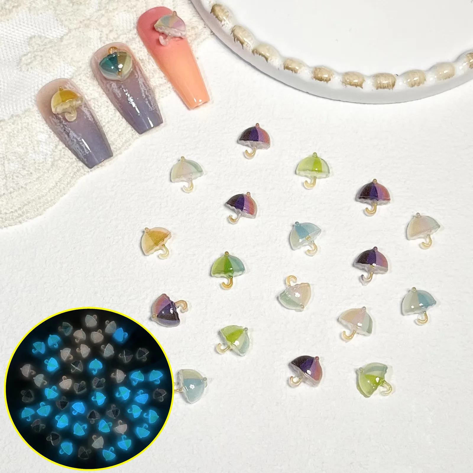 50pcs miniso luminous umbrella cartoon nail charms for diy nail making cute mini resin flatback nail art decoreation