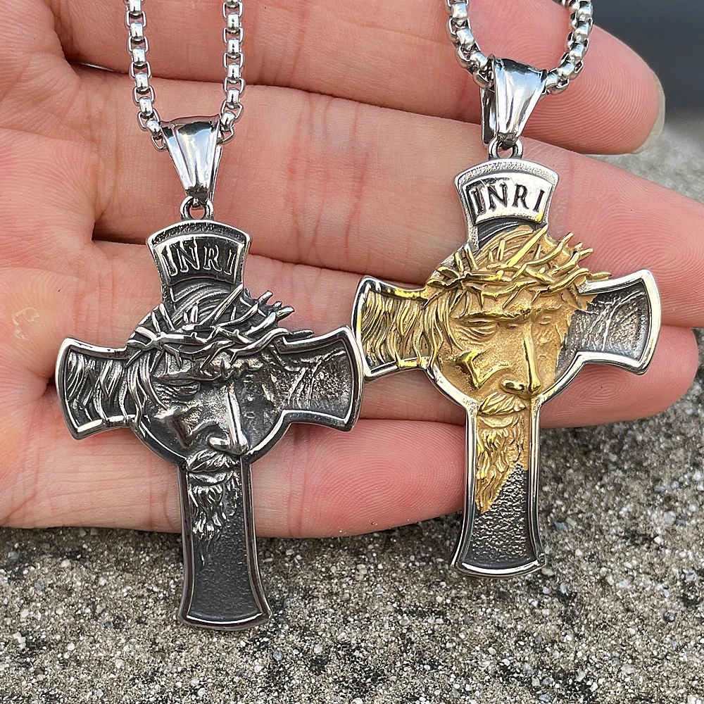 316L Stainless Steel Jesus Face Cross Pendant Necklace Men Boy Vintage Catholic Cross Jesus Necklace Chain Amulet Jewelry Gift