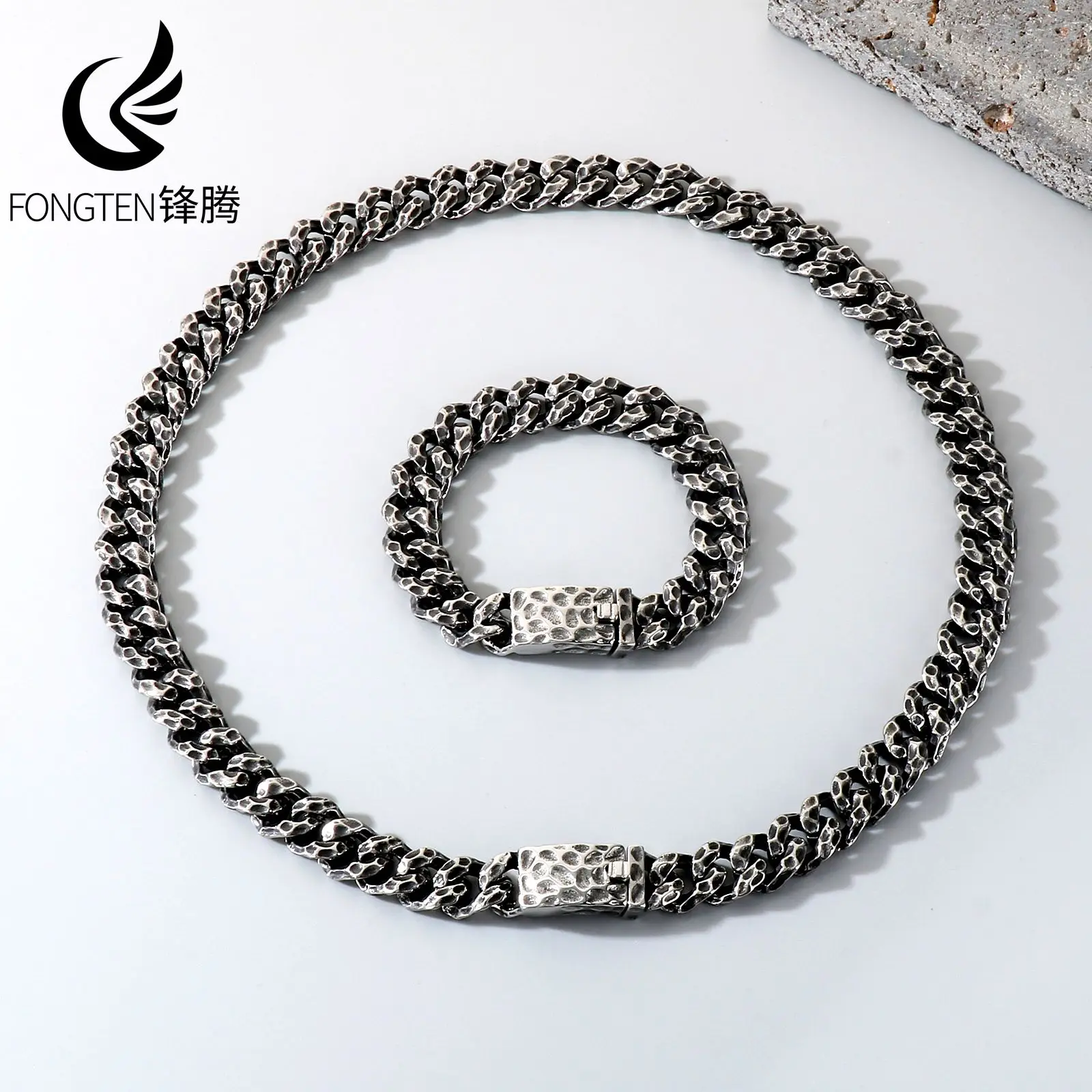 Fongten Trendy Punch Pattern Stainless Steel Necklace For Men Quality Romanticism Chain Fashion Jewelry Set Valentine's Day gift
