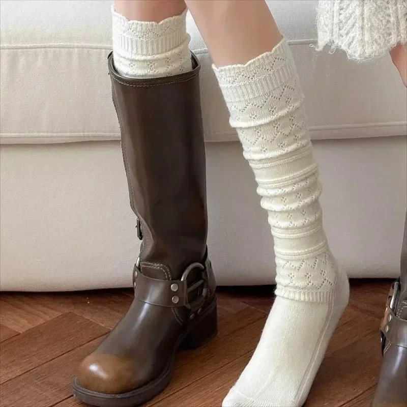 Retro Hollow Wool Calf Socks Mid Tube Pile Socks Autumn and Winter Warm Matching Boots Long Tube Socks Boot Socks