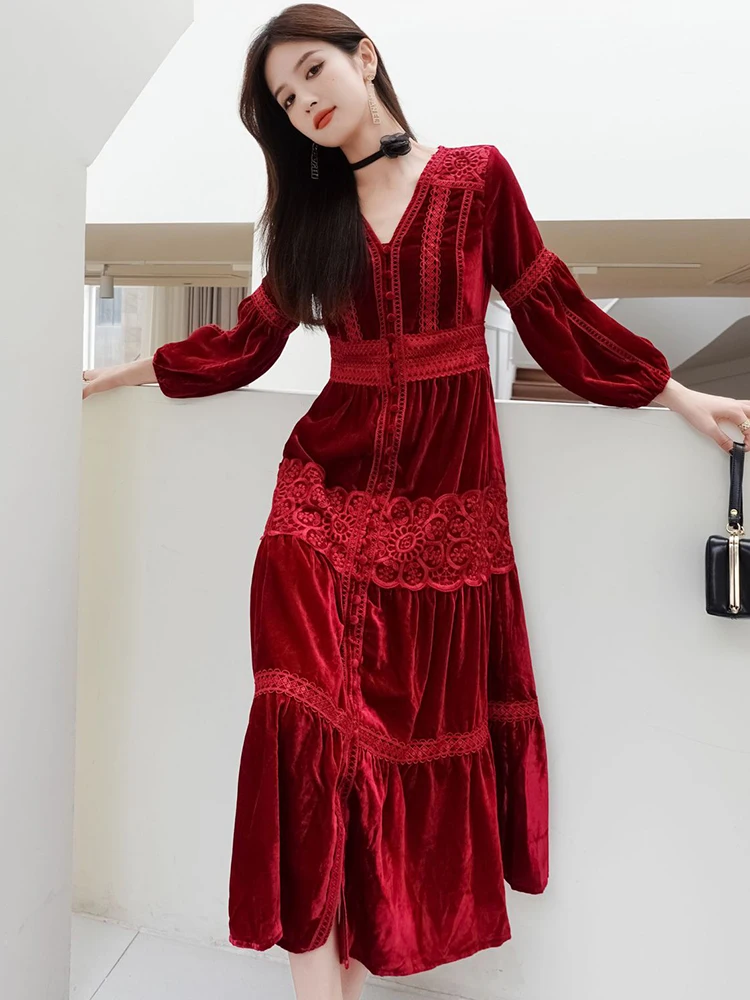 GypsyLady Elegant Chic Red Midi Dress Velvet Vintage Boho Autumn Spring Holiday Women Long Sleeve Ladies Dresses Vestidos New