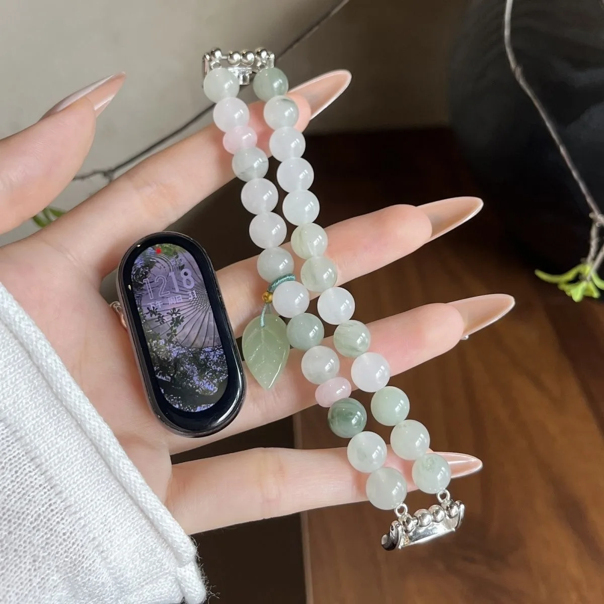 Natural Stone Beaded Band 20mm for Samsung Galaxy Watch7 6 5 4 FE Boho Double Row Jade Bead Bracelet Strap Leaf for Garmin Venu