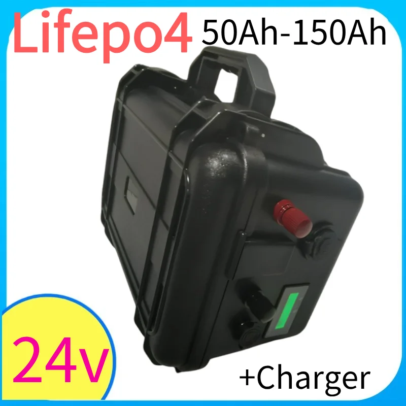 24V 50Ah-150Ah IP67 Waterproof LiFePO4 Battery Deep Cycle with BMS +10A Charger for Trolling Motor Solar System Marine RV Off-Gr