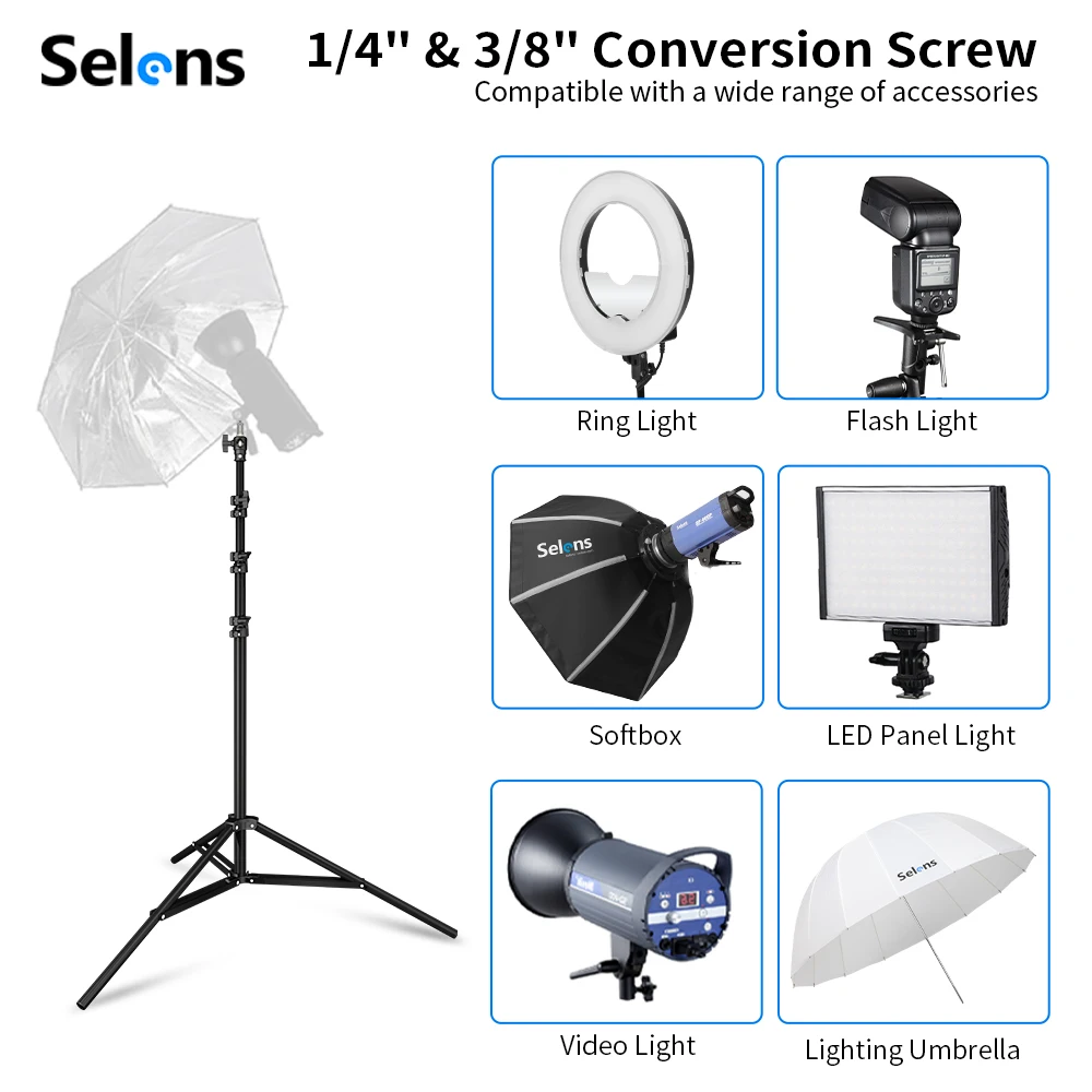 Selens 220-395cm Photography Bracket Heavy Duty Air-Cushioned Light Stand Portable Aluminum Alloy Stand Photo Studio Kits Tripod