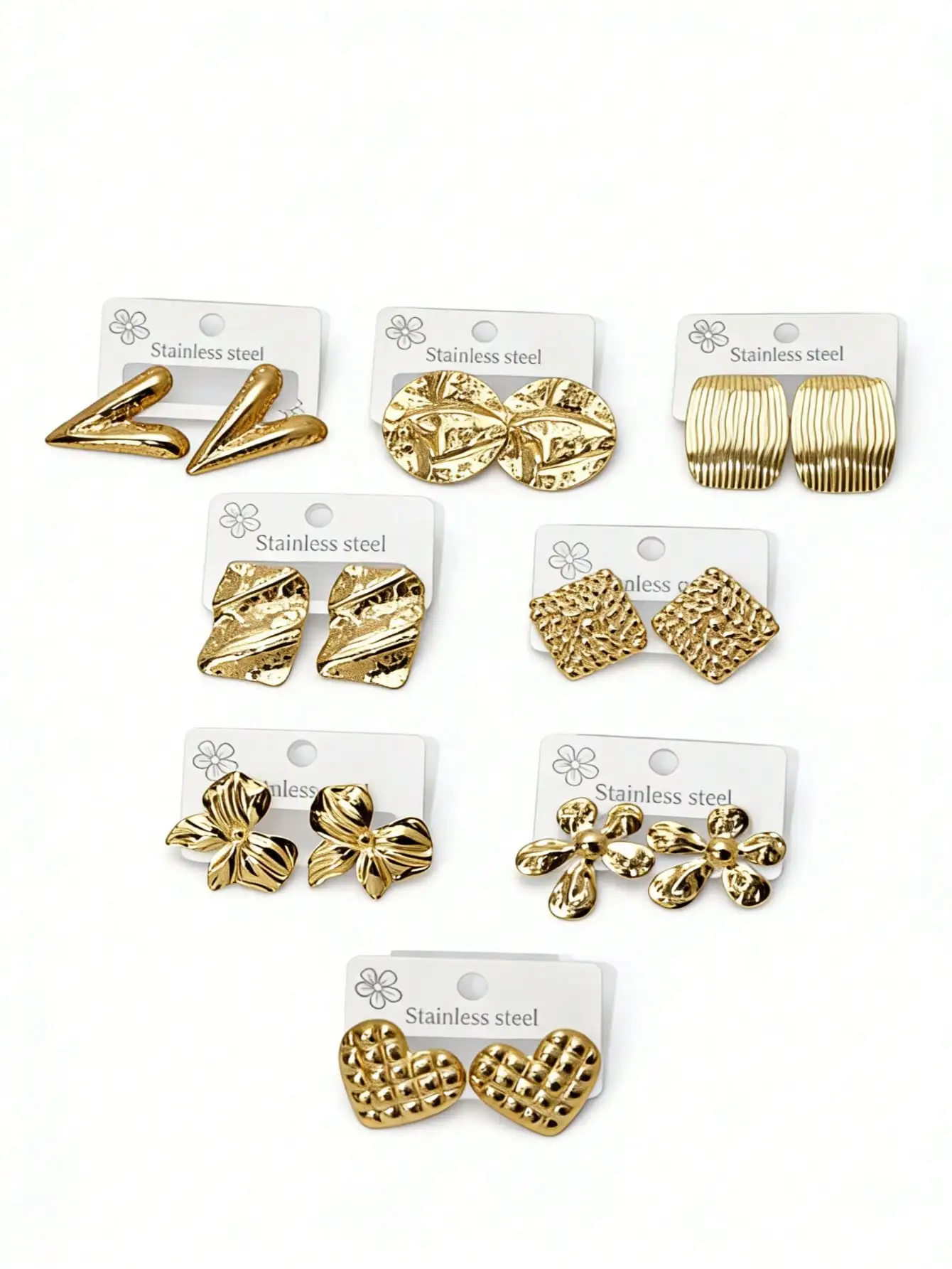 8 Pairs Stainless Steel Gold Textured Stud Earrings Set Hammered Geometric Heart Flower Women Ear Jewelry