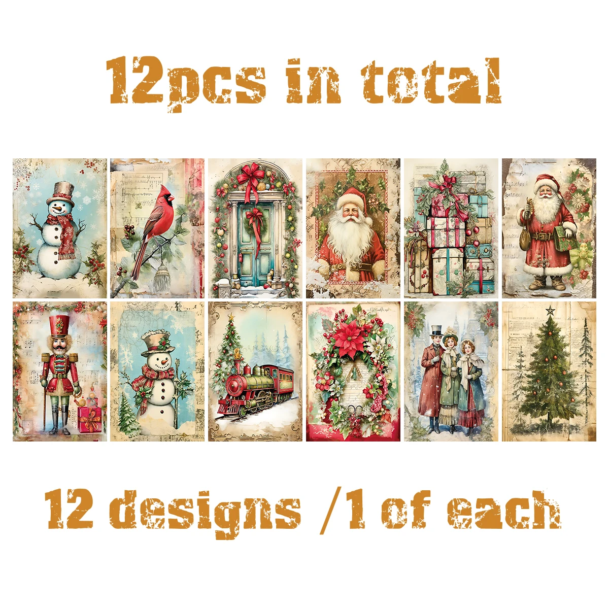 12 Stück Vintage-Weihnachtswandkarten mit Aufklebern – dekorative Karten für Weihnachten, Zuhause, Party, Wanddekoration, Scrapbooking, Geschenkanhänger und DIY-Handwerk – Detail 4