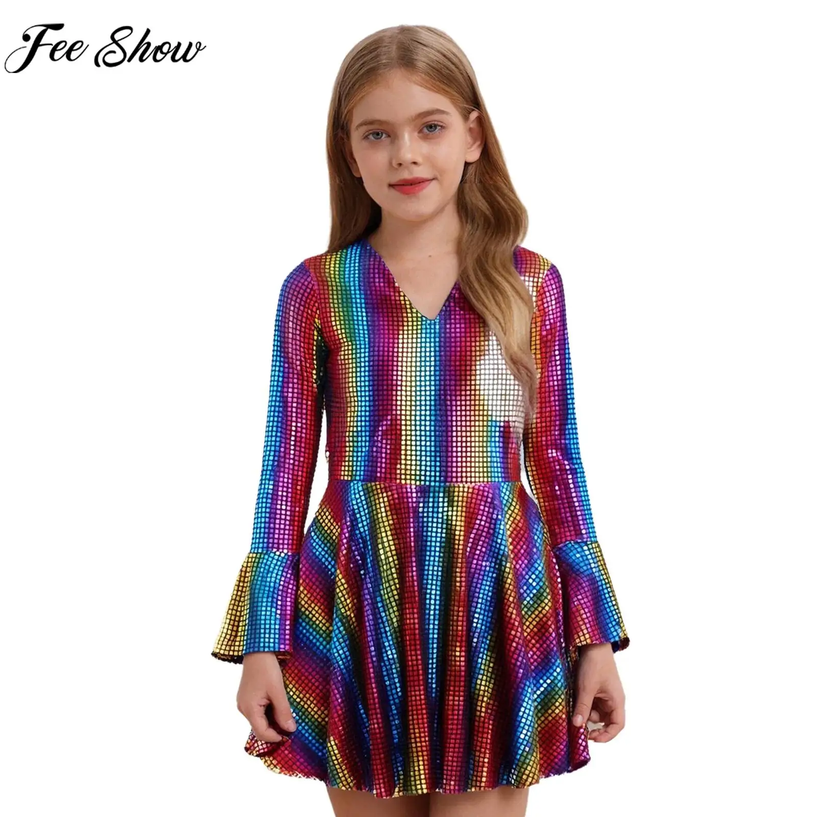 

Тематическая вечеринка на Хэллоуин для девочек, карнавал, дискотека, хиппи, поп-певица, карнавальный костюм с расклешенными рукавами и v-образным вырезом, блестящее танцевальное платье с пайетками