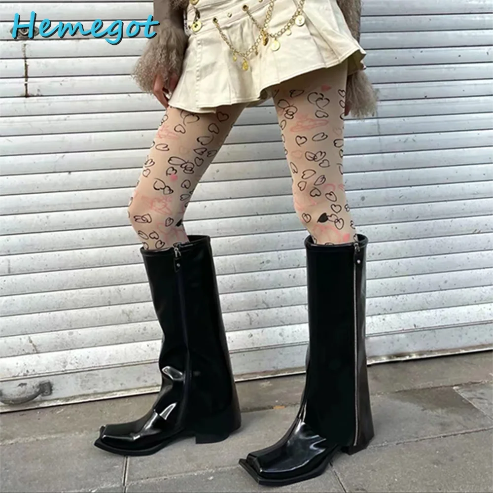 Retro Square Toe Knee-High Boots Metal Zipper Block Chunky Heel Patent Leather Black Solid Runway Women Shoes Punk Style Fashion