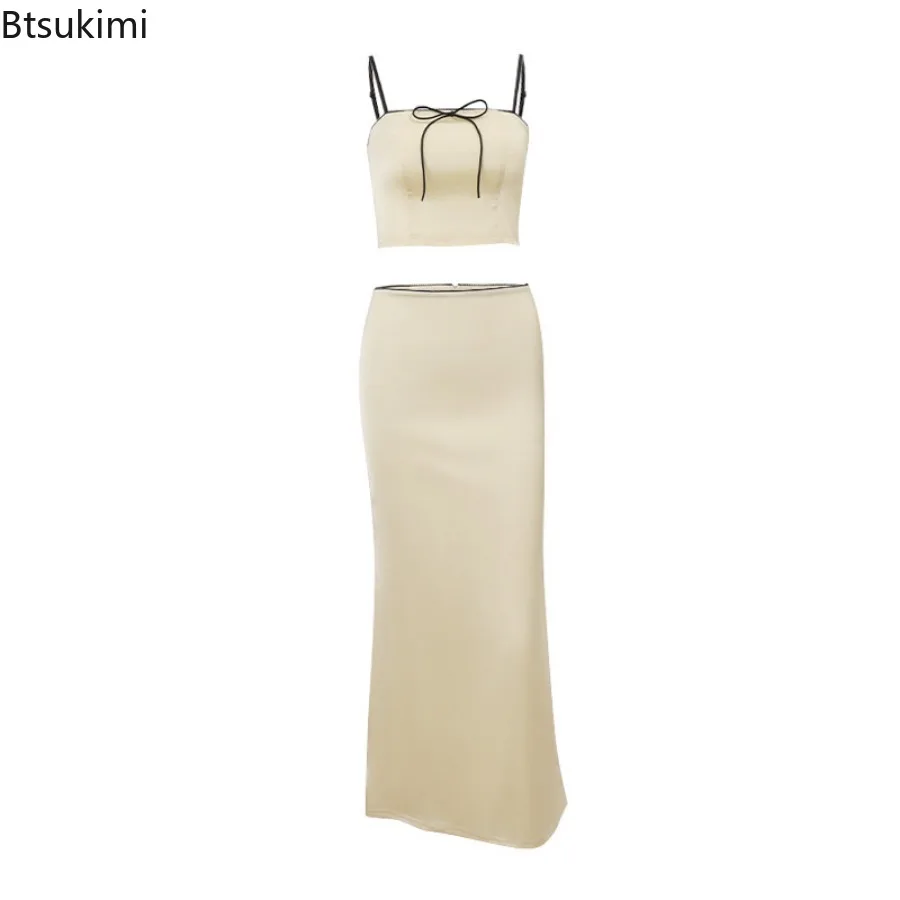 New Summer Sexy Camis Skirt Two Piece Set Women Sleeveless Crop Top and High Waist Skirt Solid Slim Club Party Streetwear Suit