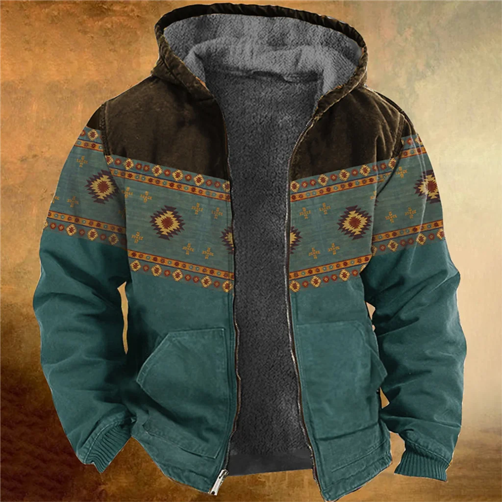 

Vintage Fleece Coat Winter Zip-up Hoodies Men Aztec Tribal Graphics Sweatshirts Parka Jackets Clothing Outerwear Street Tops