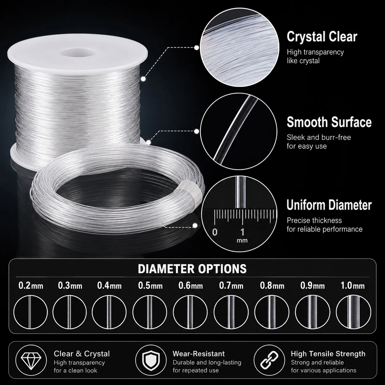 1pcs 0.2-1.0mm Non-Stretch Plastic Crystal Beading Thread, Clear Nylon Fishing Line Cord Rope for Jewelry Making Supplies