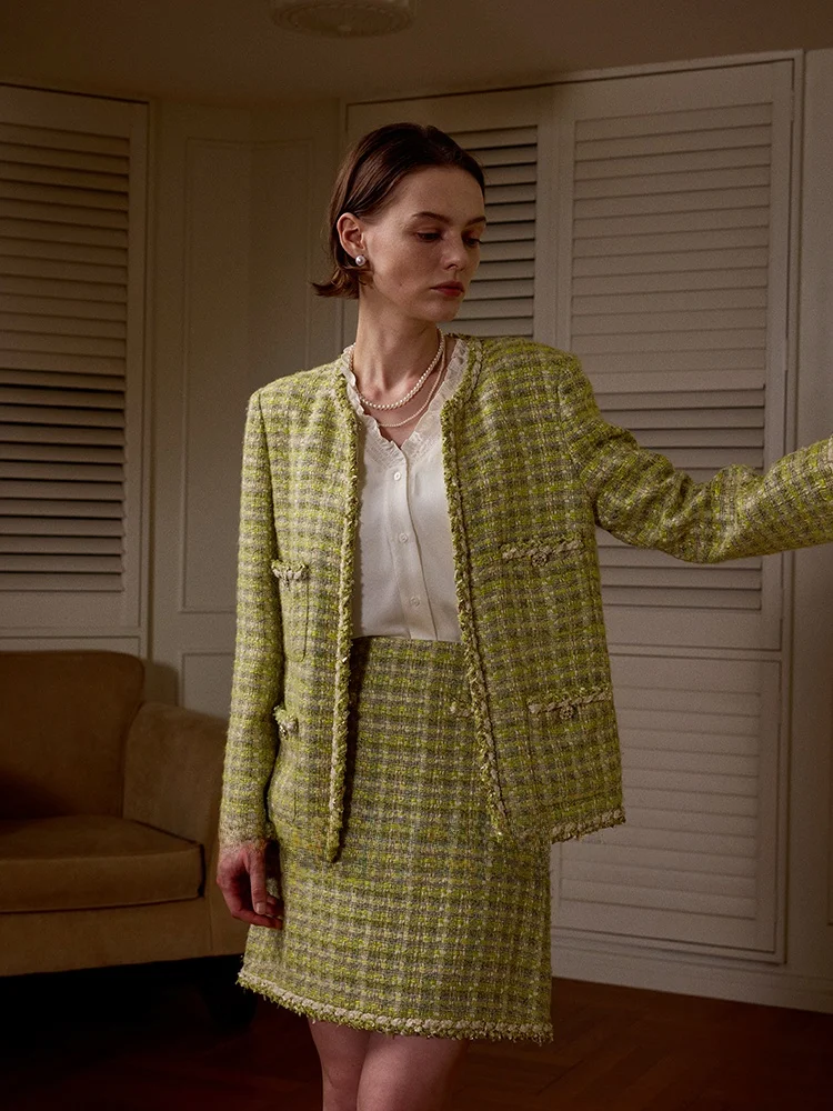 een Light Forest High-End Cusized Tweed Prestige Small Fraance Sle Jaet Luxe gezellige damesjas met lange mouwen