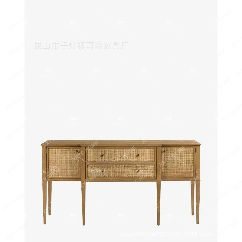 XXretro solid wood dining side locker, Chinese braided rattan side entrance cabinet, living room wall storage decorative cabinet