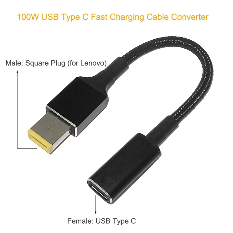 USB Tipo C Fêmea para Conversor de Plugue Quadrado, Adaptador de Alimentação DC para Laptop, Conector para Lenovo Thinkpad, 100W