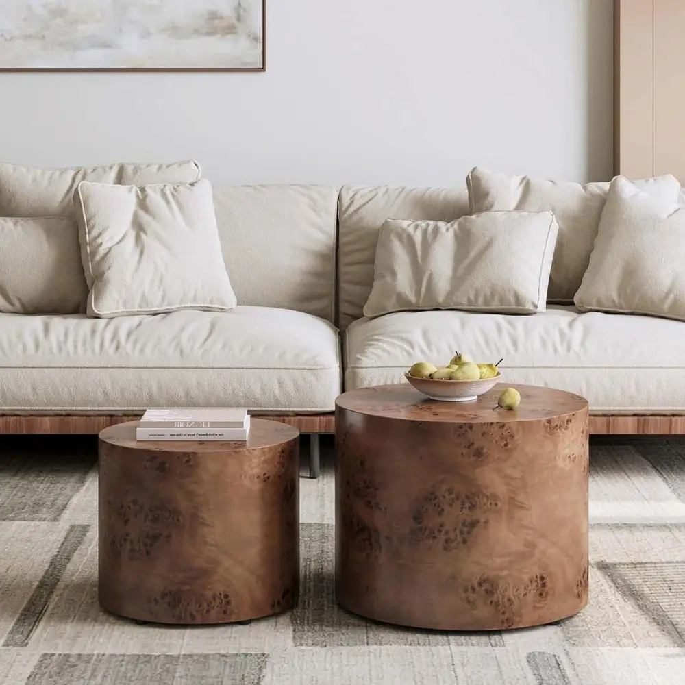 

2-Piece Round Coffee Table and End Table Set, Brown Burl Wood, Suitable for Living Room, Bedroom, or Office