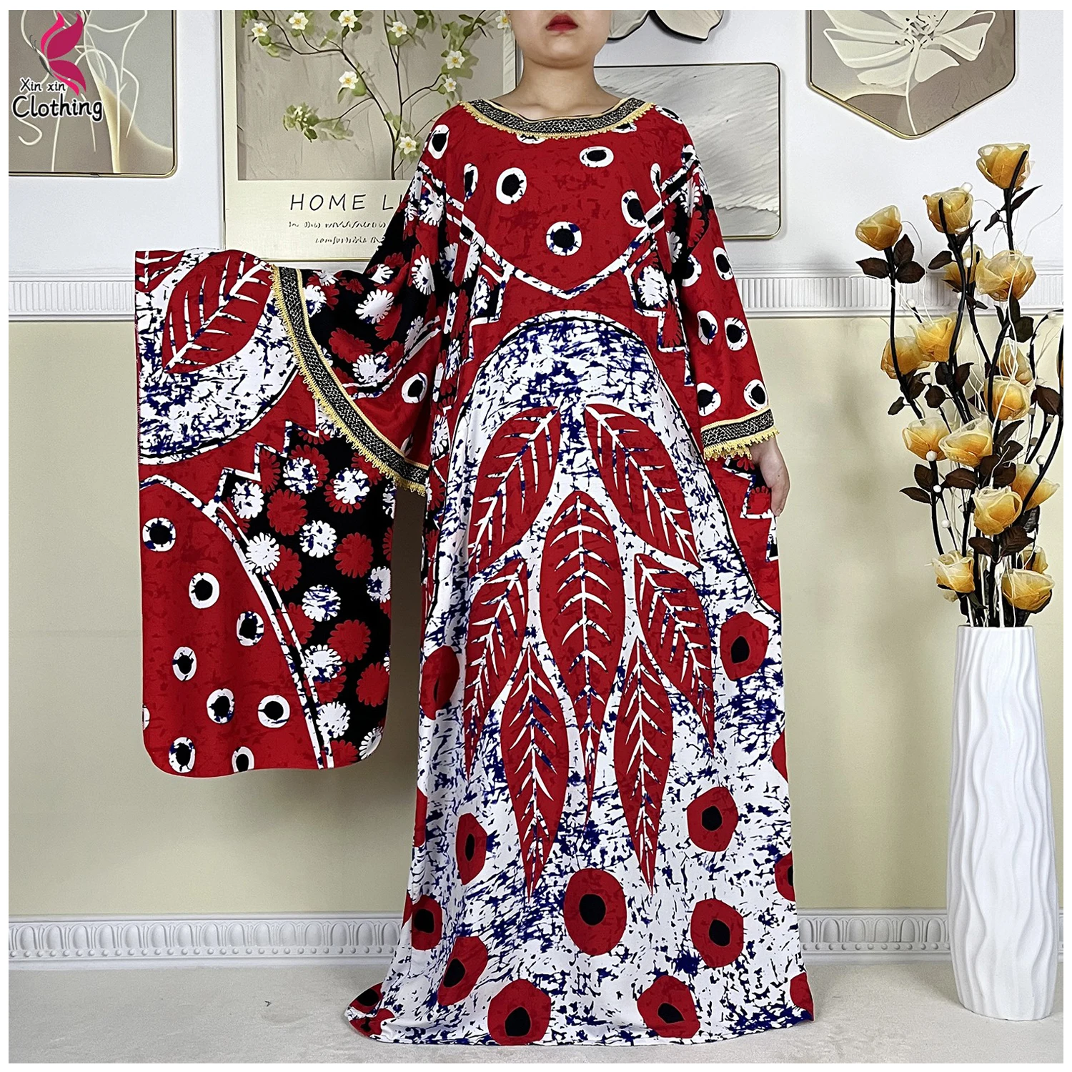 

2024 African Abaya For Women Dashiki Dubai New Cotton Batwing Sleeve Loose Femme Robe Printed Caftan Islam Dresses With Hijabs