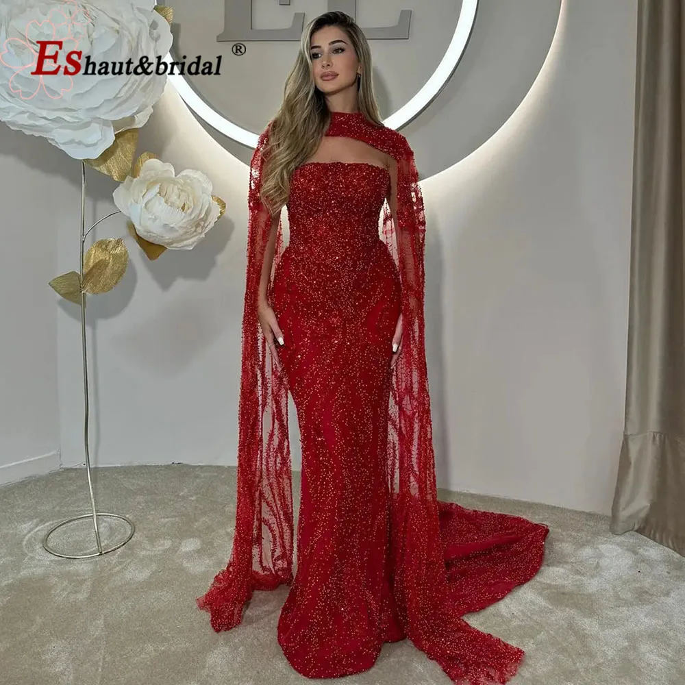 Elegantes, perlenbesetztes Abendkleid mit Cape-Ärmeln, luxuriöses Meerjungfrau-High-Neck-formales Kleid für Frauen 2026, Hochzeit, Abschlussball, Party, individuell