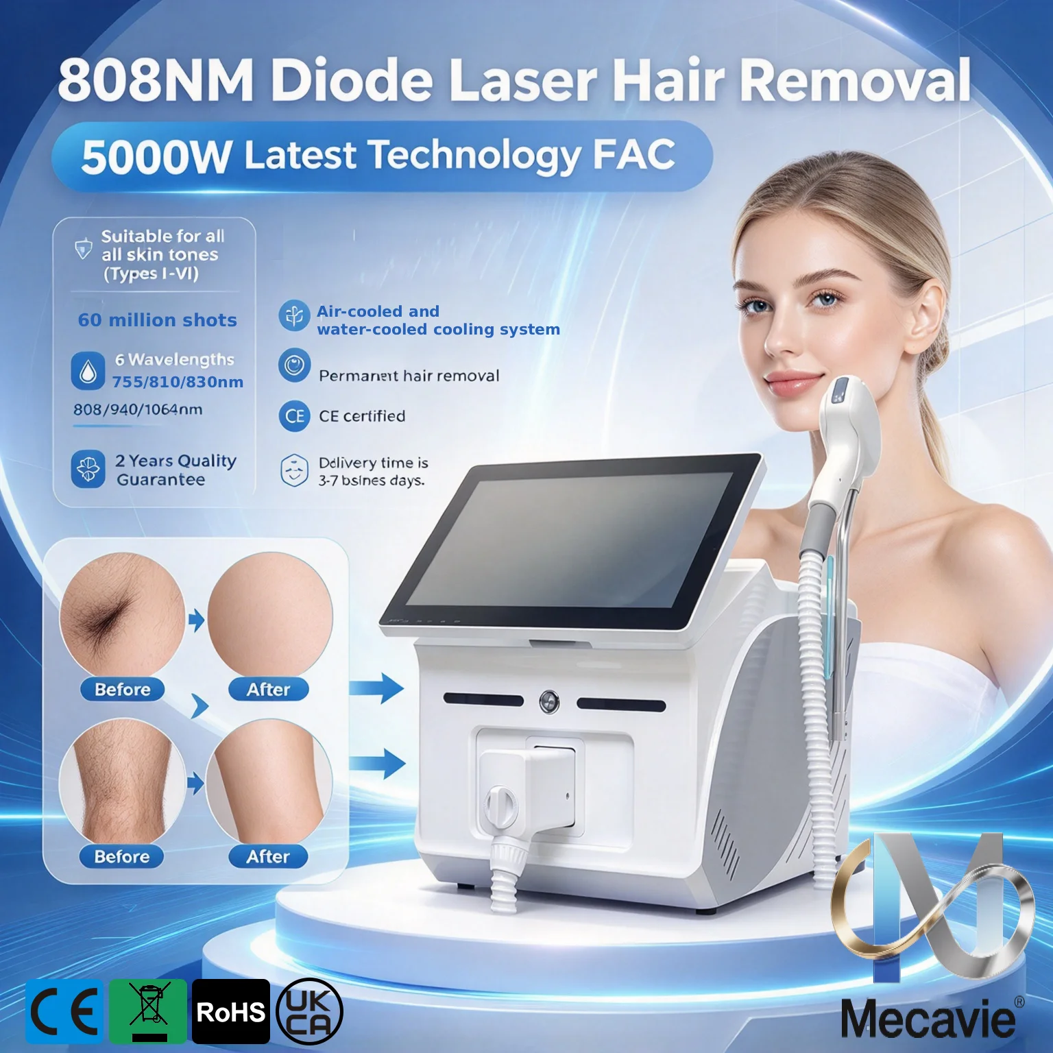 10bars 6000W FAC Diode 755 808 830940 1064nm6Waves Laser Diode Ice Titanium Laser Body Painless Hair Removal Machine Equipment