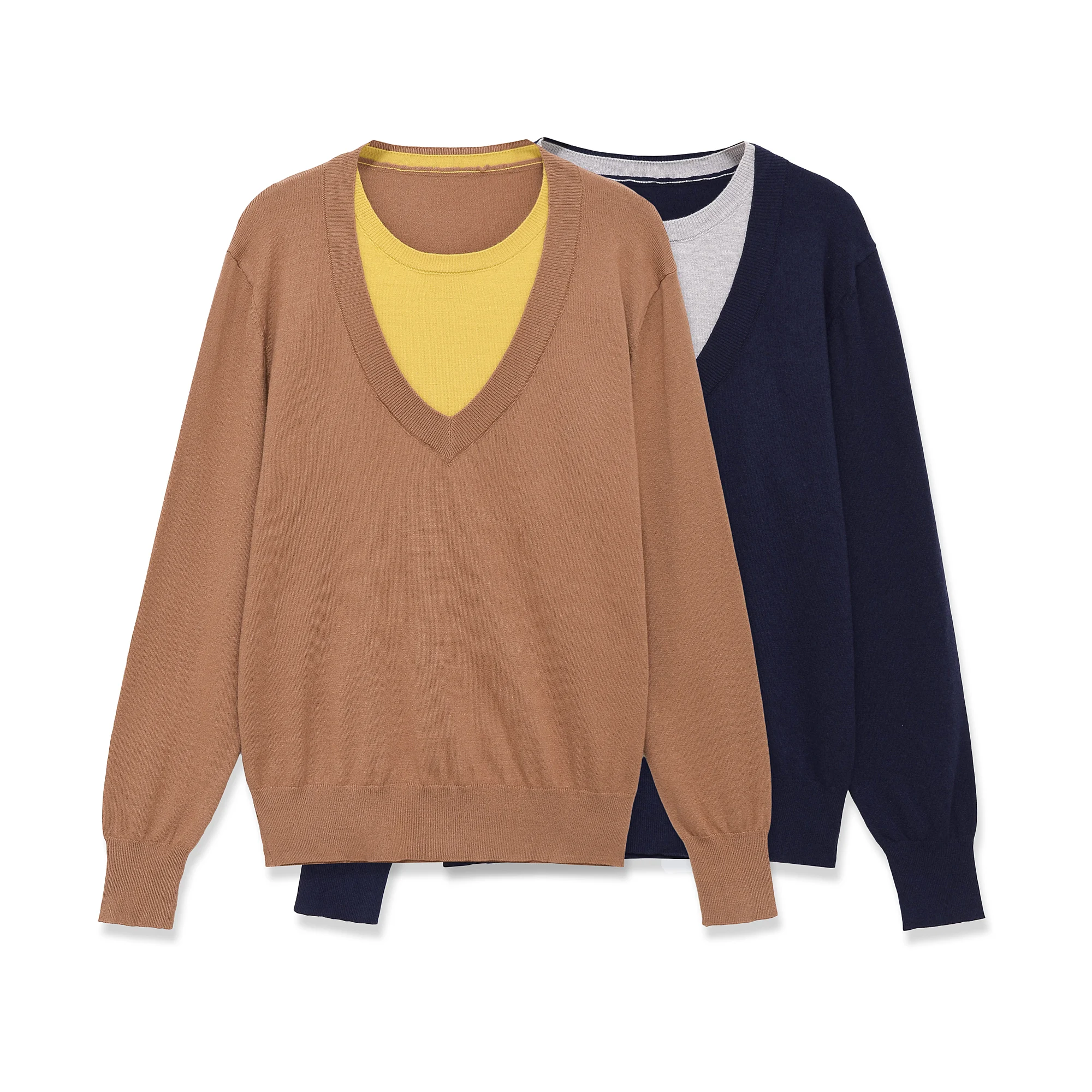 Langärmliger Damen-Rundhalspullover aus Kaschmir-Strick, zweiteiliger Look, locker sitzender Herbst-Winter-Pullover.