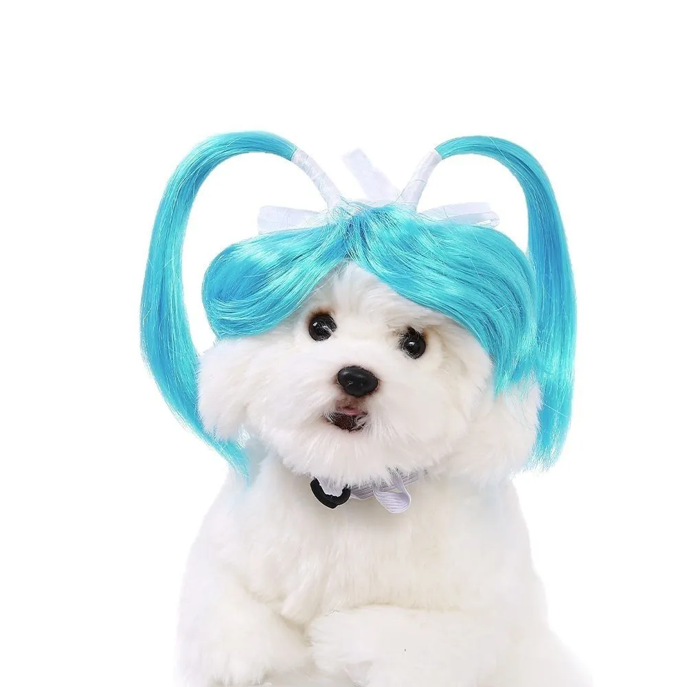 New pet blue wig cat and dog pet supplies Halloween pet accessories straight hair double ponytail wig