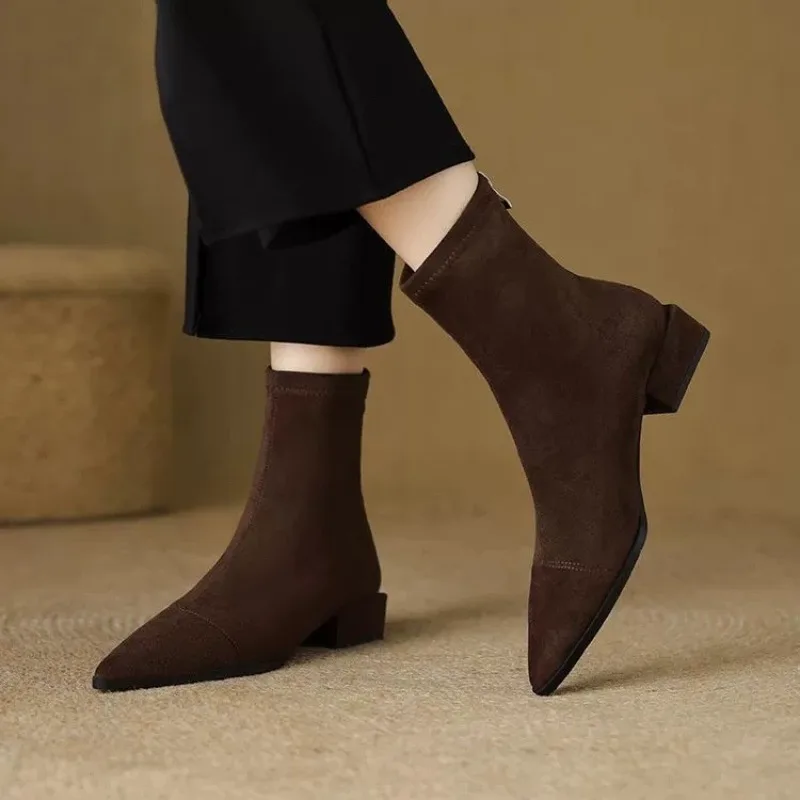 Plus-Size Women's Boots 2026 Winter Fashion Pointed-Toe Design Short Boots with Zippers on The Back, Slim Low-Heeled Nude Boots view 3