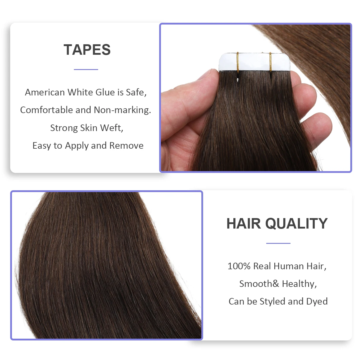 Sindra Tape-extensiones de cabello humano Remy, 20 piezas de 14-22 pulgadas, liso, sin costuras, marrón oscuro