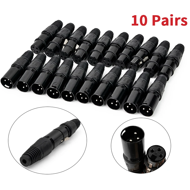10 Pairs 3 Pin XLR Male Female Microphone Audio Cable Plug Connectors Cannon Socket Kit for Mixer Speaker PA Stage DMX Lighting