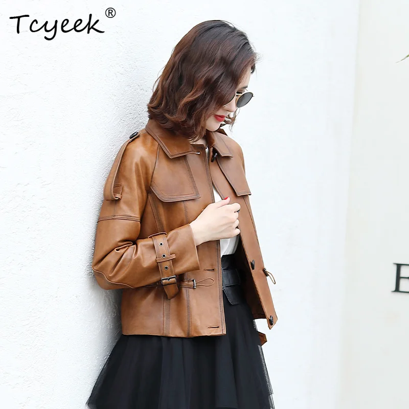 Tcyeek Pelle di pecora Primavera Autunno Fangling Locomotiva Corta Trendy Dimagrante Giacca in vera pelle da donna Ж Dönali80.жаusus Куртка
