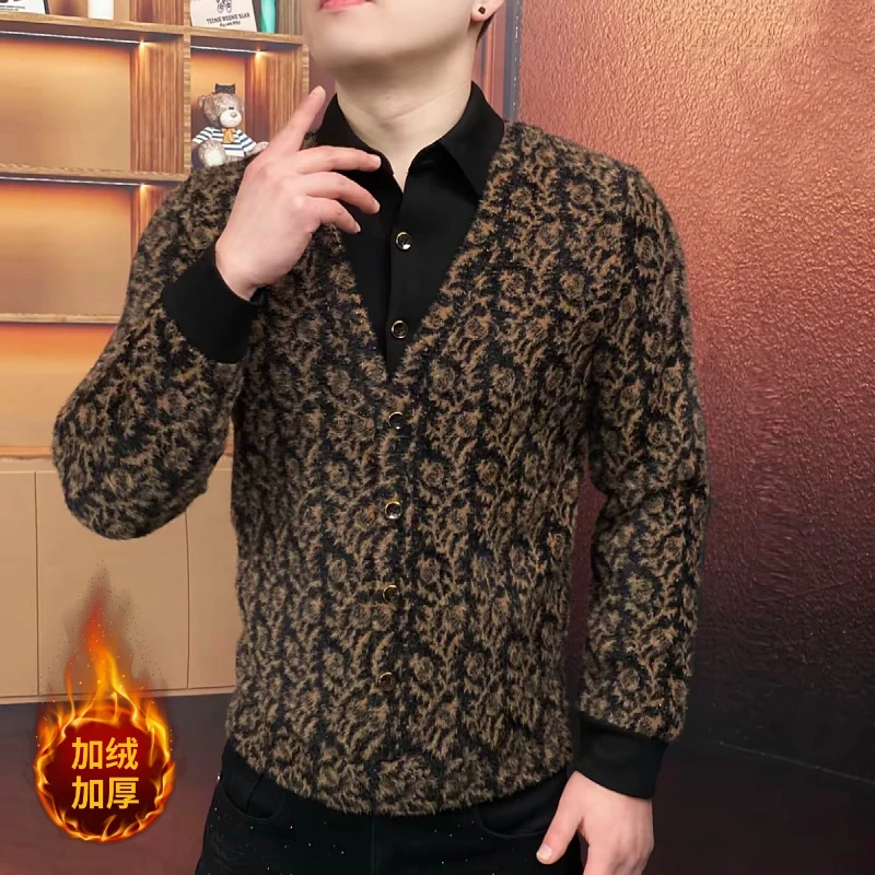 

Зимние мужские свитшоты с эффектом двухслойности, жаккардовые, с воротником-стойкой, длинным рукавом, утепленные, теплые, в стиле ретро, повседневные, деловые