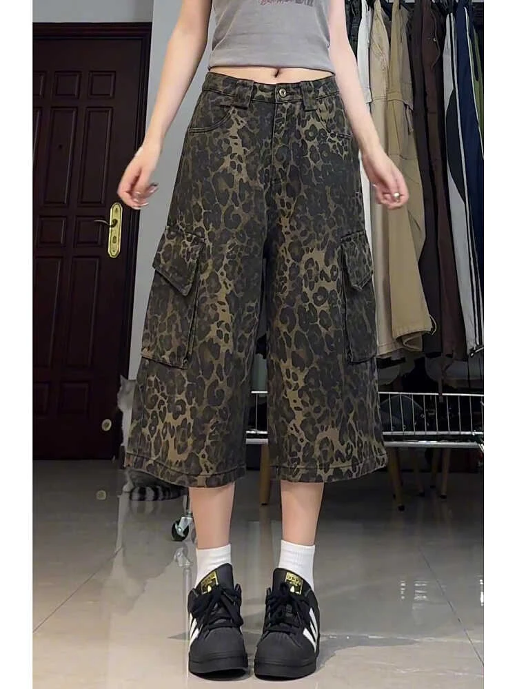 Summer Women Dark Academia Vintage Leopard Print Japanese 2000s Jean Shorts Knee Length Denim Pants Y2k Streetwear Harajuku Punk